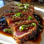 Close-up of perfectly seared ahi tuna steaks, coated in sesame seeds and sliced, served with a rich sauce and garnished with green onions.