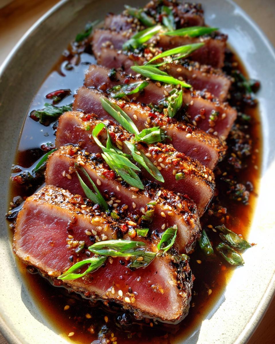 Close-up of perfectly seared ahi tuna slices, coated in sesame seeds and a savory glaze, garnished with green onions.