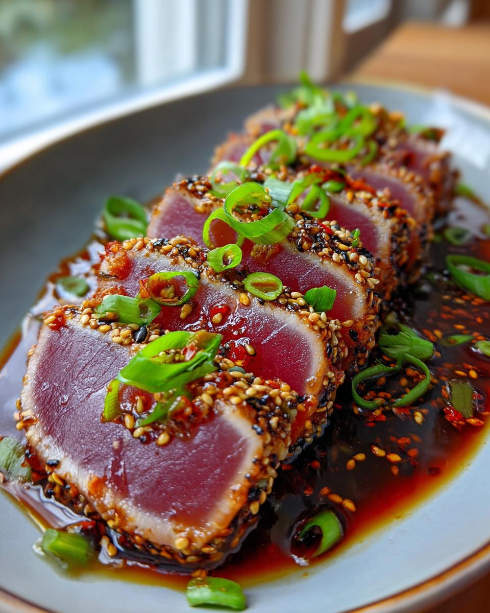 Close-up of perfectly seared ahi tuna slices coated in sesame seeds, drizzled with sauce, and garnished with chopped scallions.
