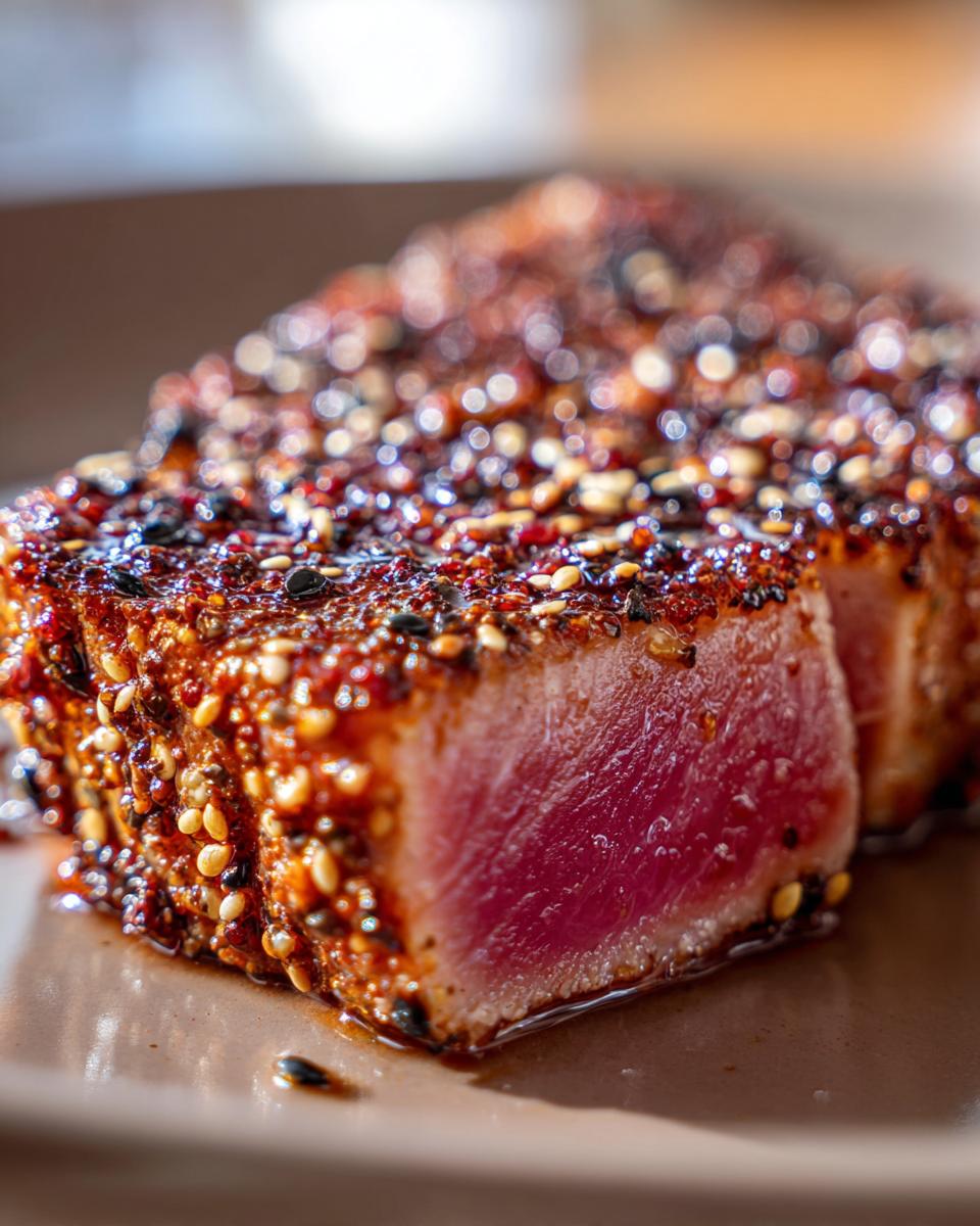 Close-up of two perfectly seared tuna steaks coated in a sesame seed crust, showcasing the vibrant pink interior.