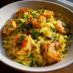 A close-up of shrimp orzo in lemon garlic sauce, topped with fresh parsley.