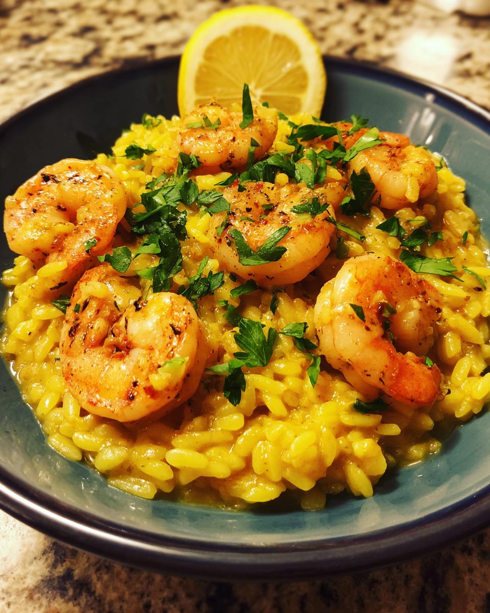 A close-up of shrimp orzo in lemon garlic sauce, topped with grilled shrimp and fresh parsley, garnished with a lemon slice.