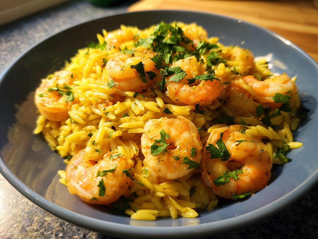 Close-up of a bowl of shrimp orzo in lemon garlic sauce, garnished with fresh parsley.
