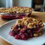 A close-up of a slice of delicious sour cherry crisp on a white plate, with the rest of the crisp in the background.