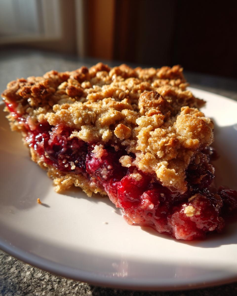A close-up shot of a slice of sour cherry crisp, showcasing the juicy red cherries and golden brown crumble topping.