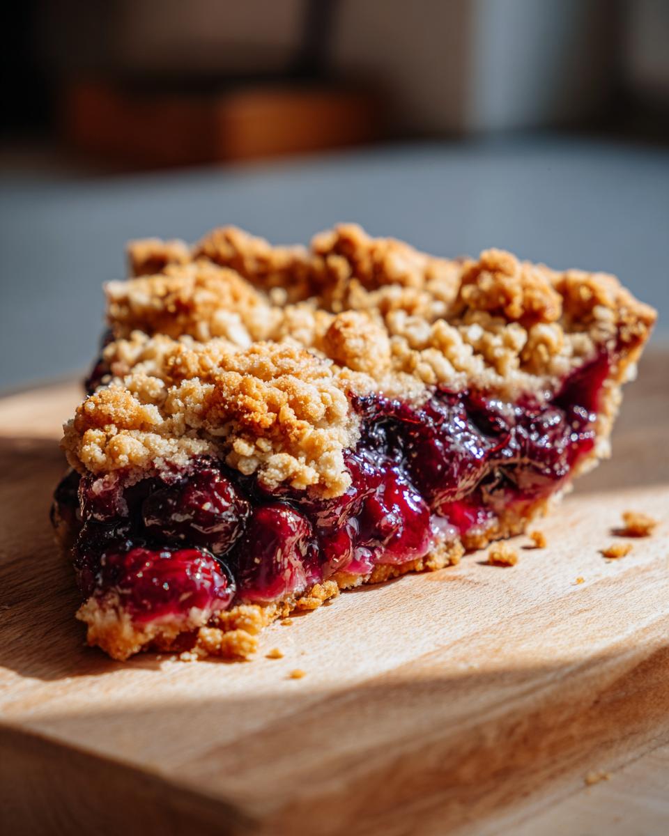 A close-up of a slice of sour cherry crisp on a wooden board, showing the juicy filling and crumbly topping.