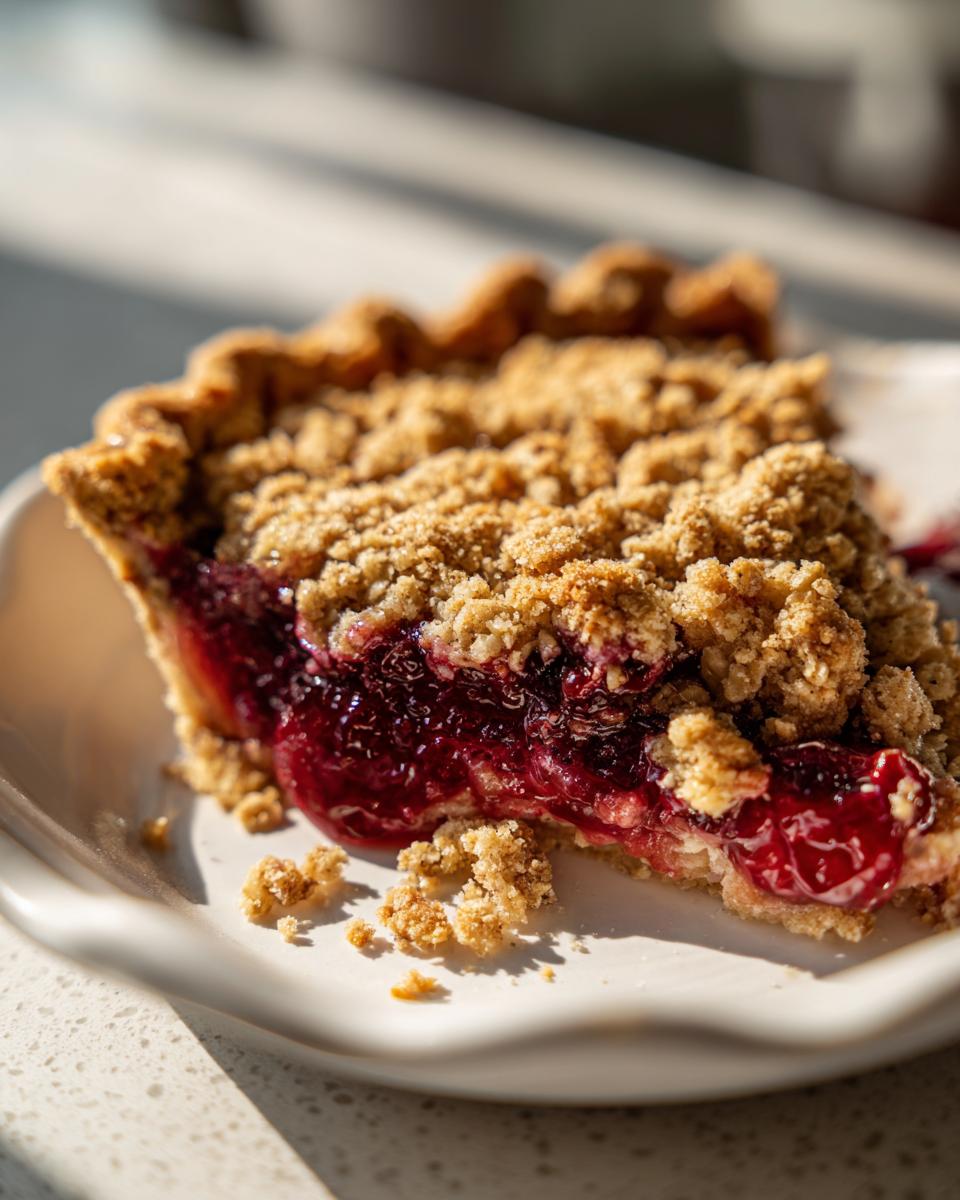 A close-up of a slice of sour cherry crisp on a white plate, showing the bubbling cherry filling and crumb topping.