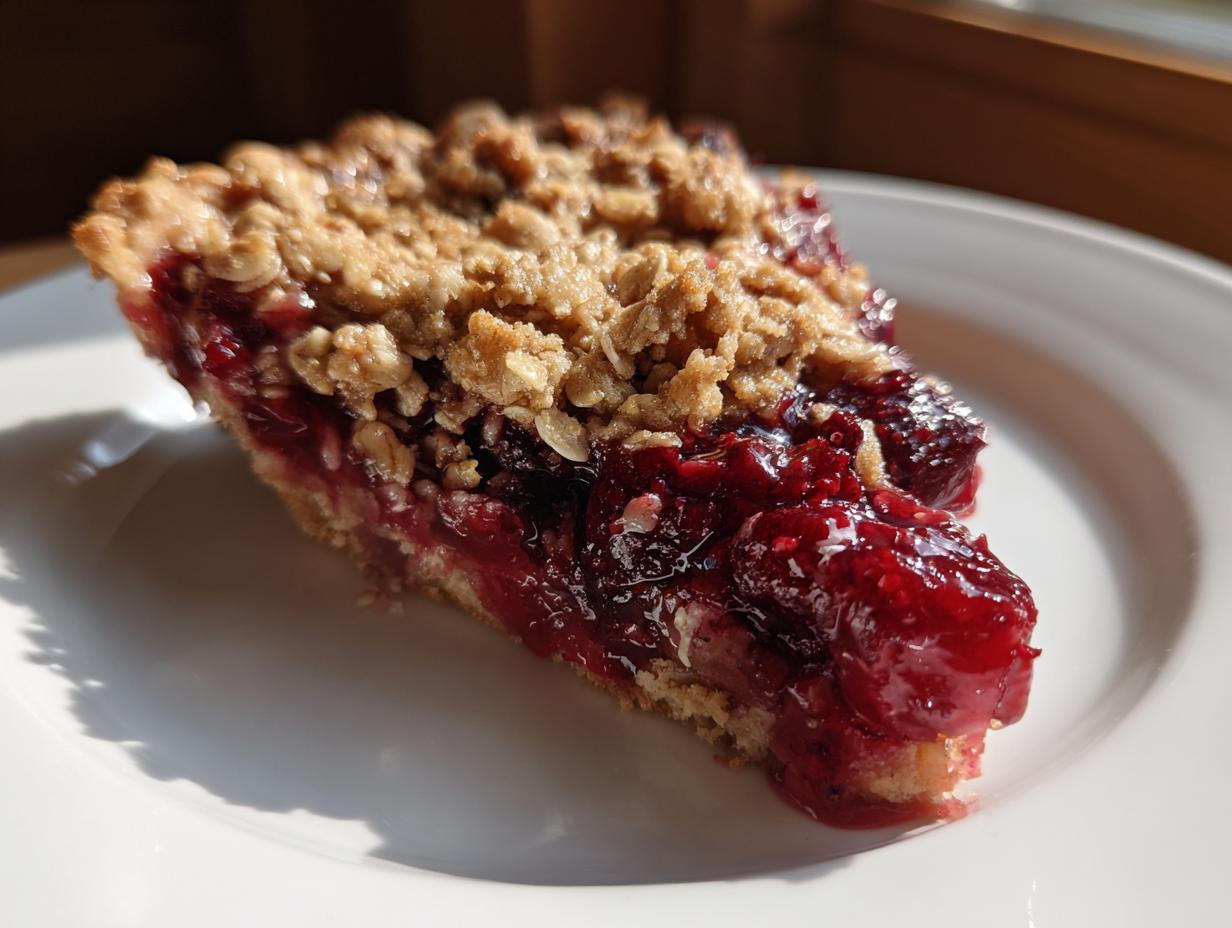 A close-up of a slice of sour cherry crisp on a white plate, showing the flaky crust and juicy cherry filling.
