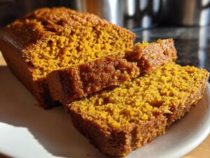Close-up of a freshly baked sourdough pumpkin bread loaf with two slices cut.