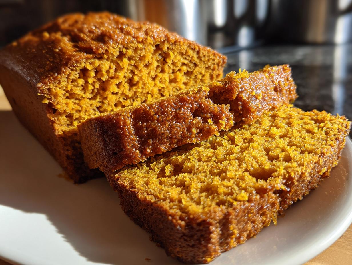 Close-up of a freshly baked sourdough pumpkin bread loaf with two slices cut.