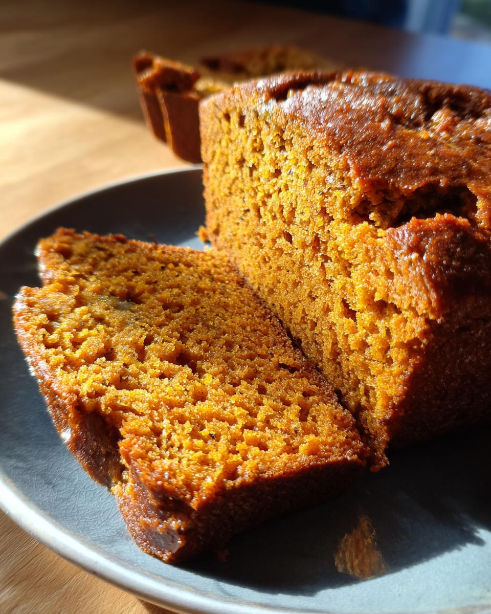 Close-up of two slices of moist sourdough pumpkin bread on a grey plate, with the loaf in the background.