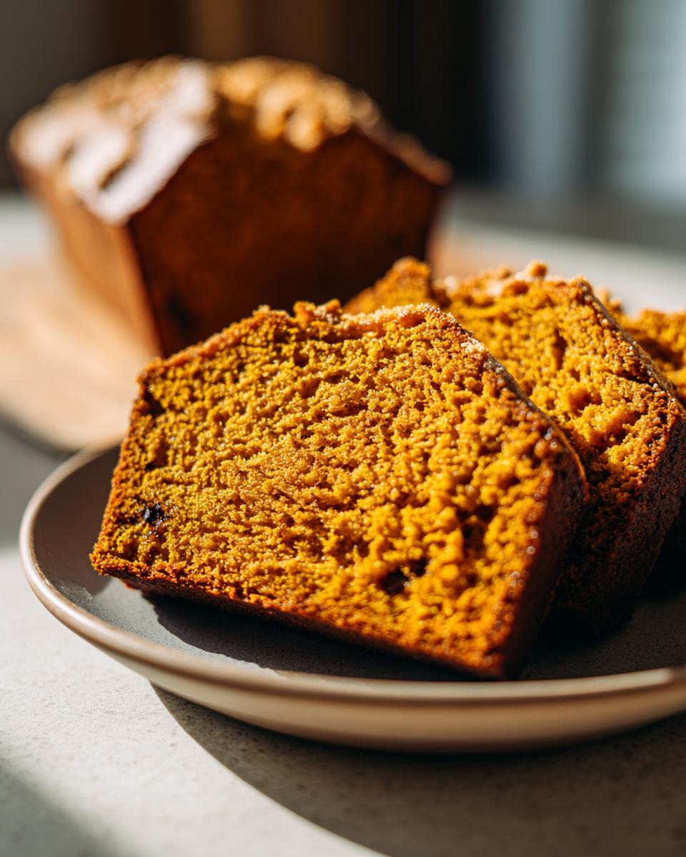 Close-up of three moist slices of sourdough pumpkin bread on a plate, with a loaf in the background.