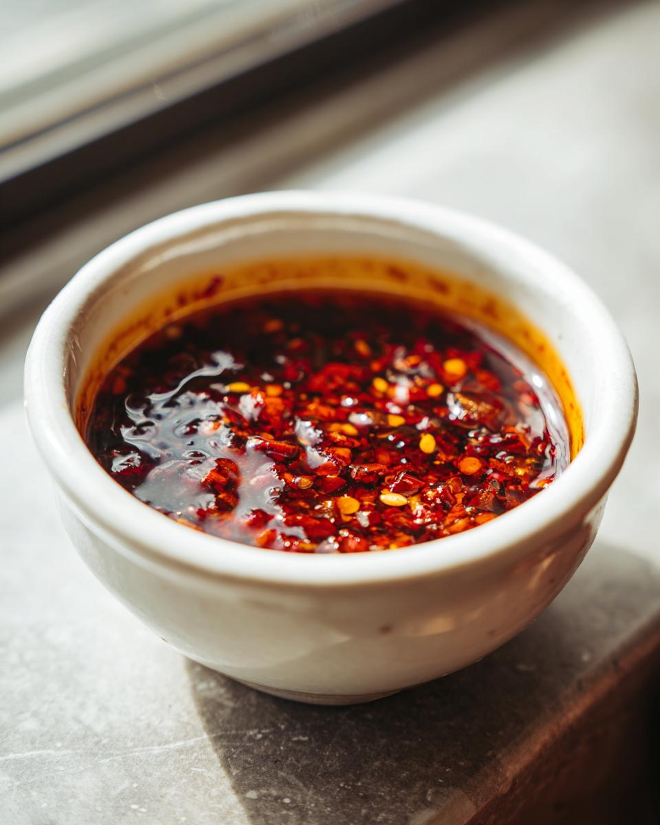 A close-up of a small white bowl filled with a rich, red, spicy dumpling sauce.