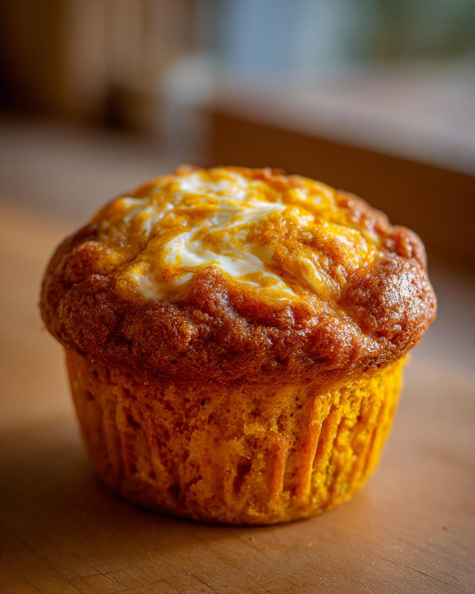 A delicious Starbucks Pumpkin Cream Cheese Muffin with a swirl of cream cheese on top.