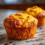 A close-up shot of a golden brown Starbucks Pumpkin Cream Cheese Muffin with a slightly cracked top.
