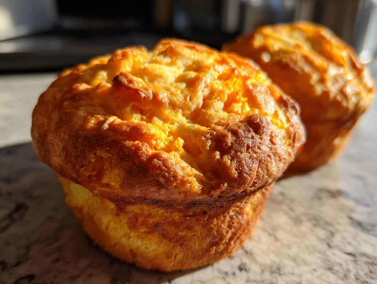 Close-up of two golden brown Starbucks Pumpkin Cream Cheese Muffins on a marble surface.
