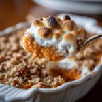 A spoonful of sweet potato casserole topped with toasted marshmallows and pecan crumble.