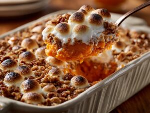 A spoonful of creamy sweet potato casserole topped with toasted marshmallows and a pecan streusel.