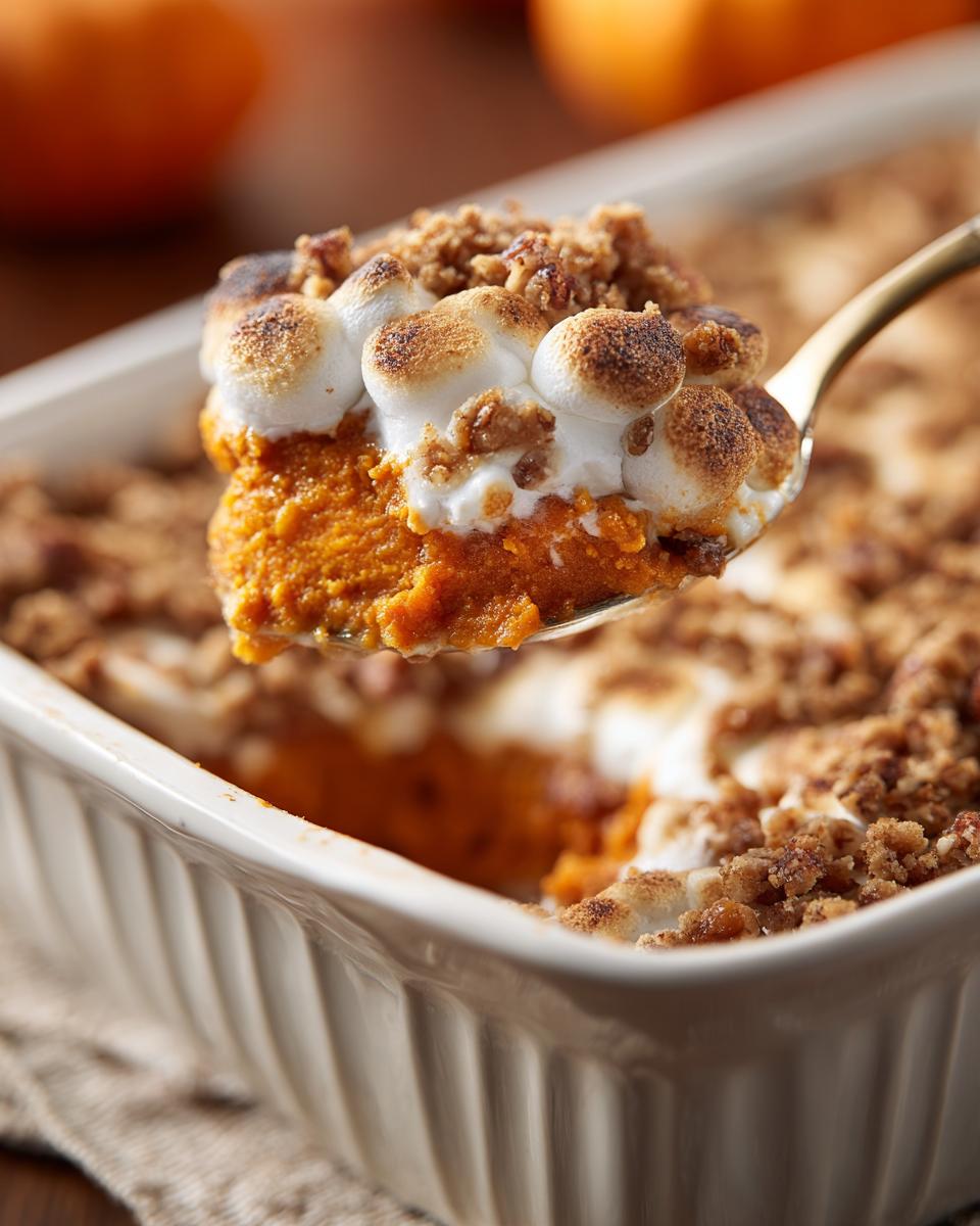 A spoonful of sweet potato casserole topped with toasted marshmallows and pecan crumble.