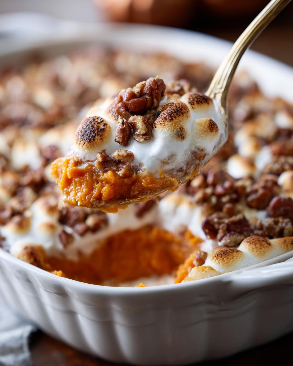A spoonful of sweet potato casserole topped with toasted marshmallows and crunchy pecans.