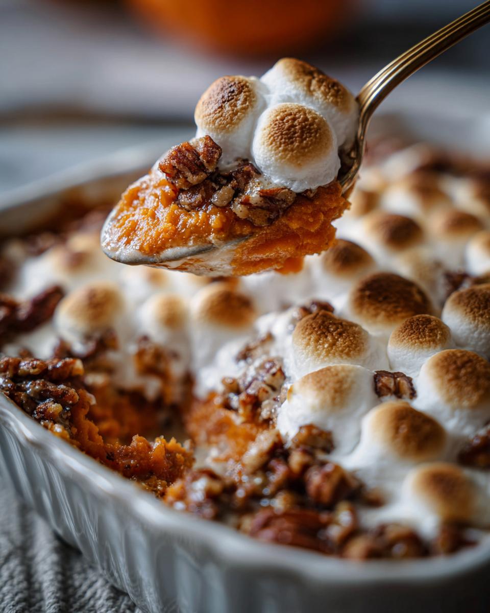 A spoonful of sweet potato casserole topped with toasted marshmallows and pecans.