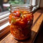 A glass mason jar filled with vibrant, chunky tomato salsa, ready for canning. This tomato salsa canning recipe is easy to follow.