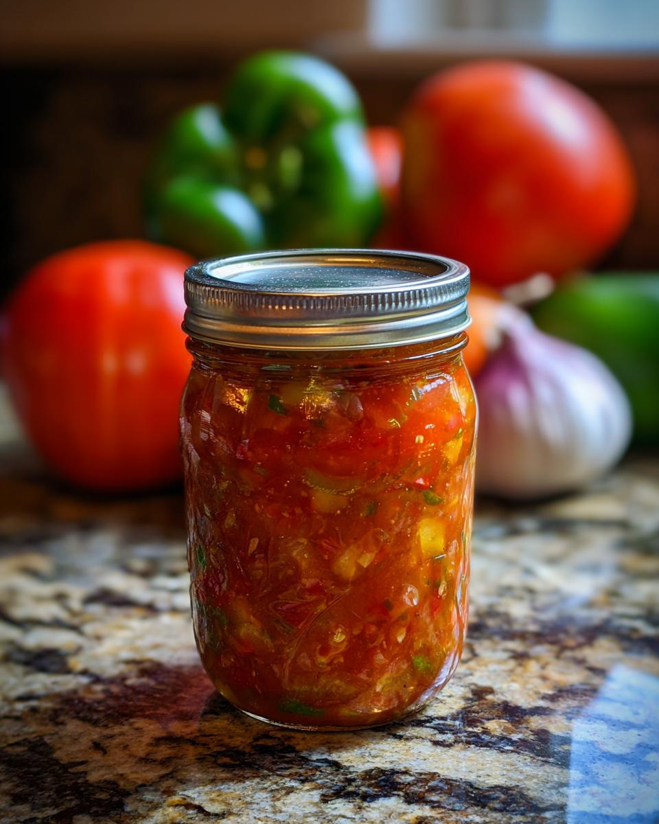 A close-up of a mason jar filled with homemade tomato salsa, with fresh tomatoes, green peppers, and garlic in the background.