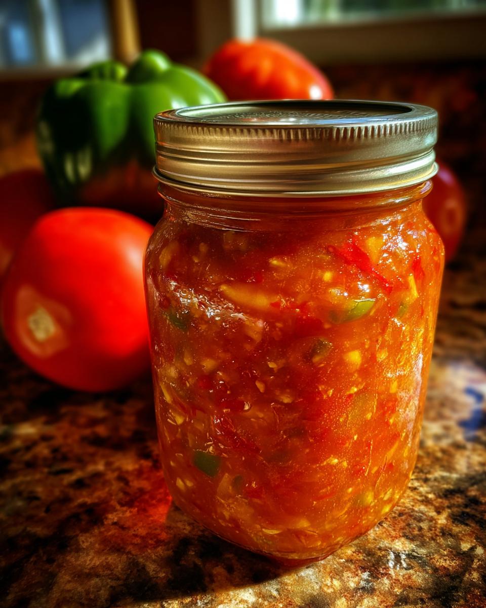 A jar of homemade tomato salsa, with fresh tomatoes and green bell peppers in the background.
