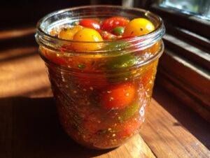 A glass jar filled with vibrant red and yellow cherry tomatoes, green peppers, and herbs, preserved in liquid, showcasing a tomato salsa canning recipe.