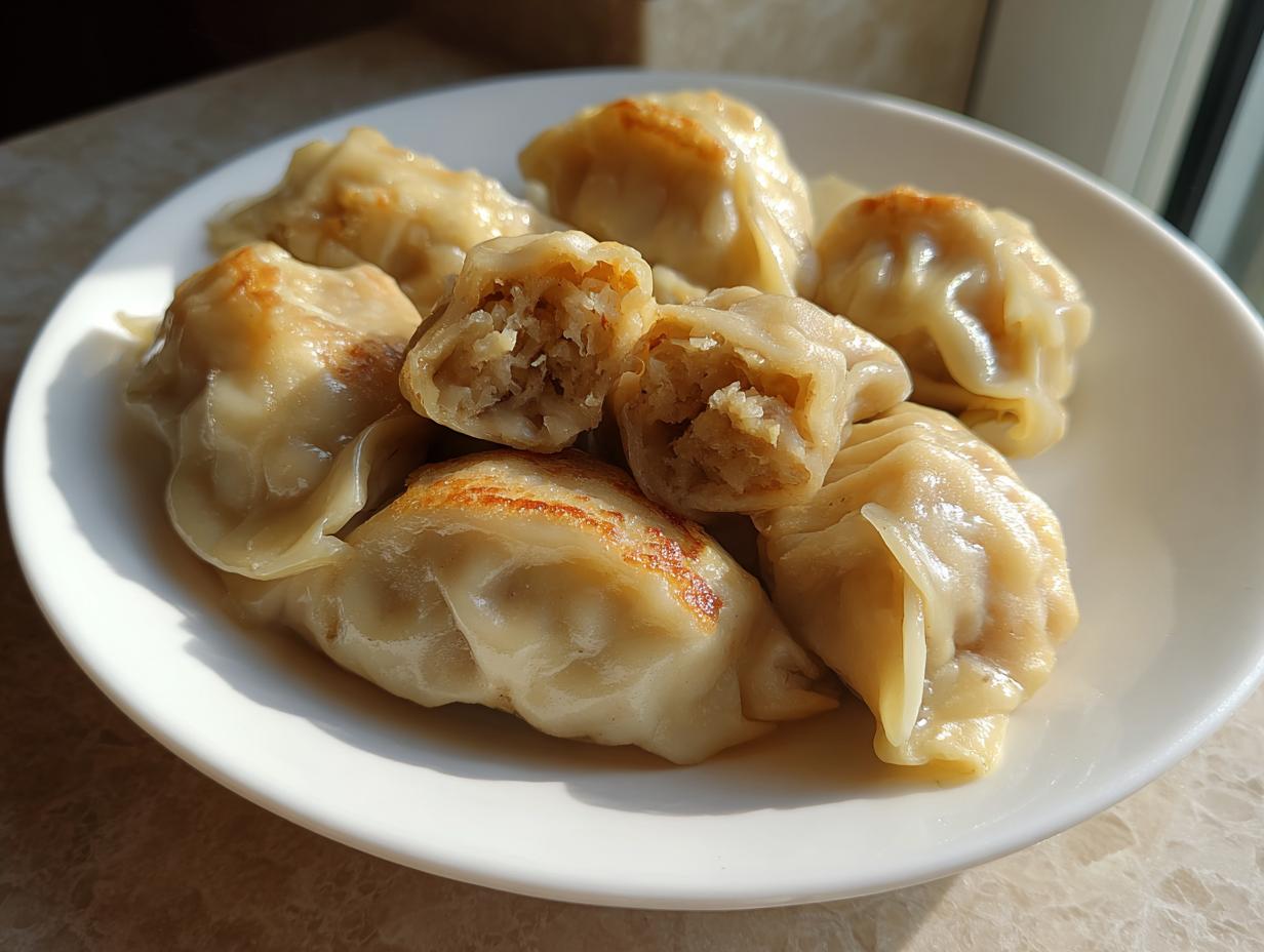 A close-up of several pan-fried Traditional Chinese Dumplings on a white plate, with one cut in half showing the filling.