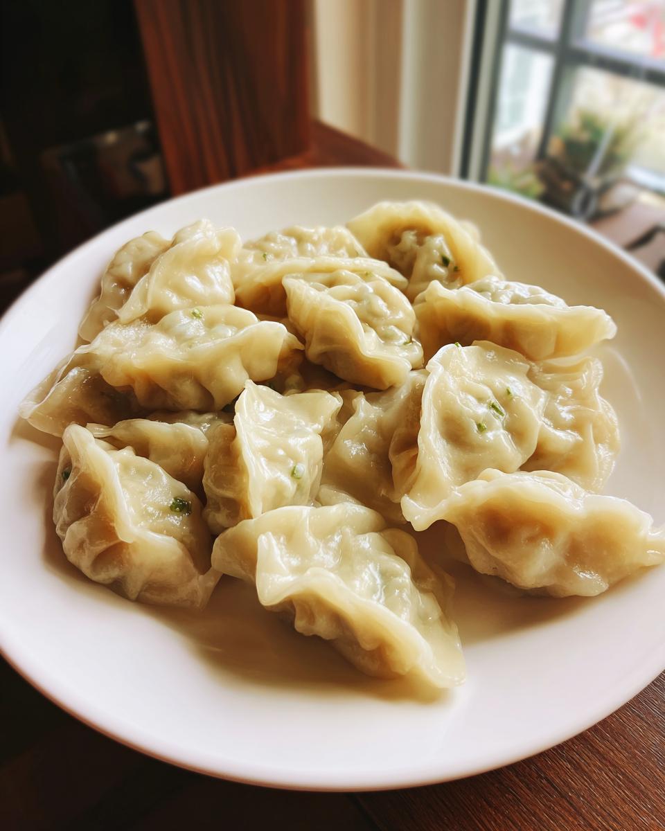 A white plate filled with freshly made Traditional Chinese Dumplings, showing their delicate pleats and green filling.