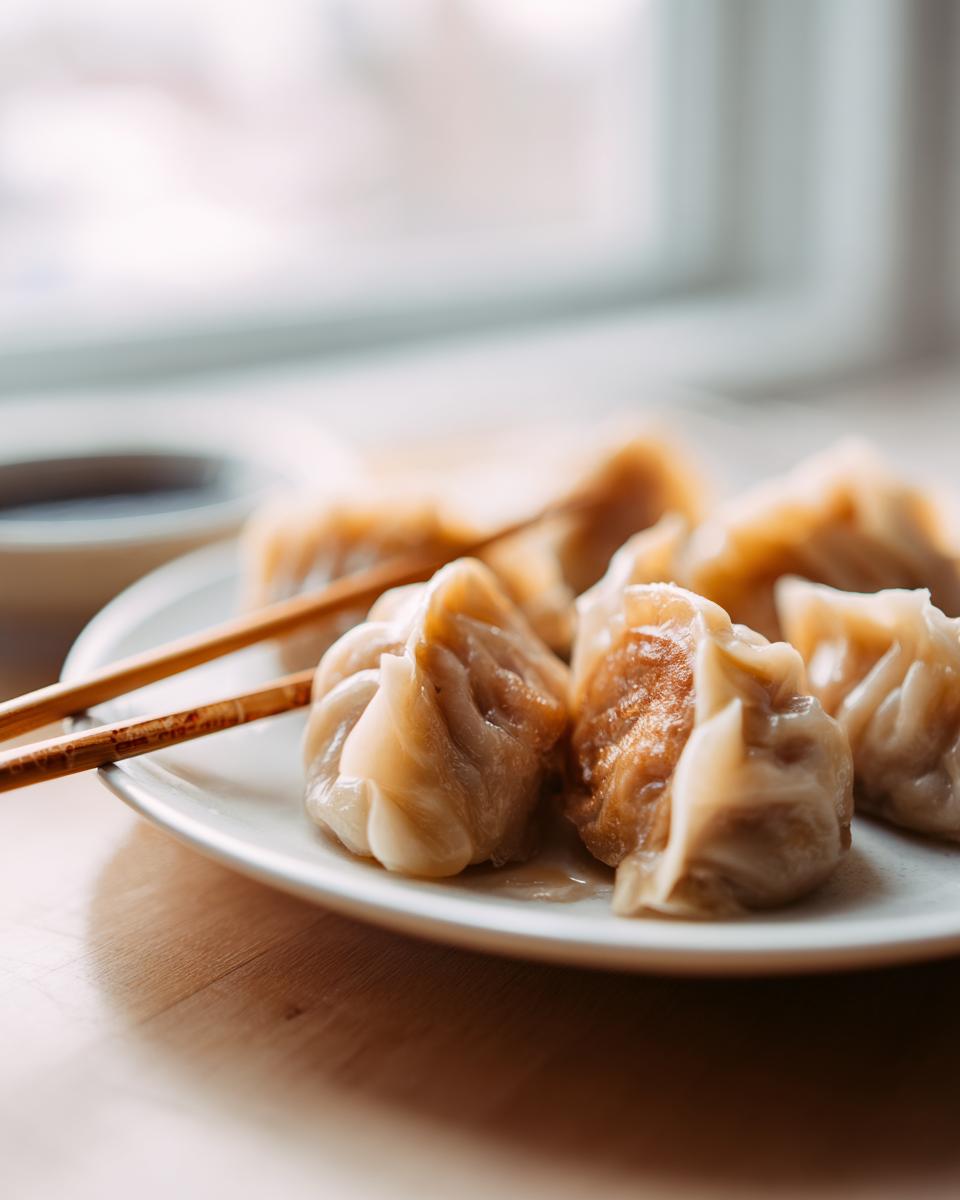 Close-up of steamed Traditional Chinese Dumplings on a white plate with chopsticks and a small dish of soy sauce.