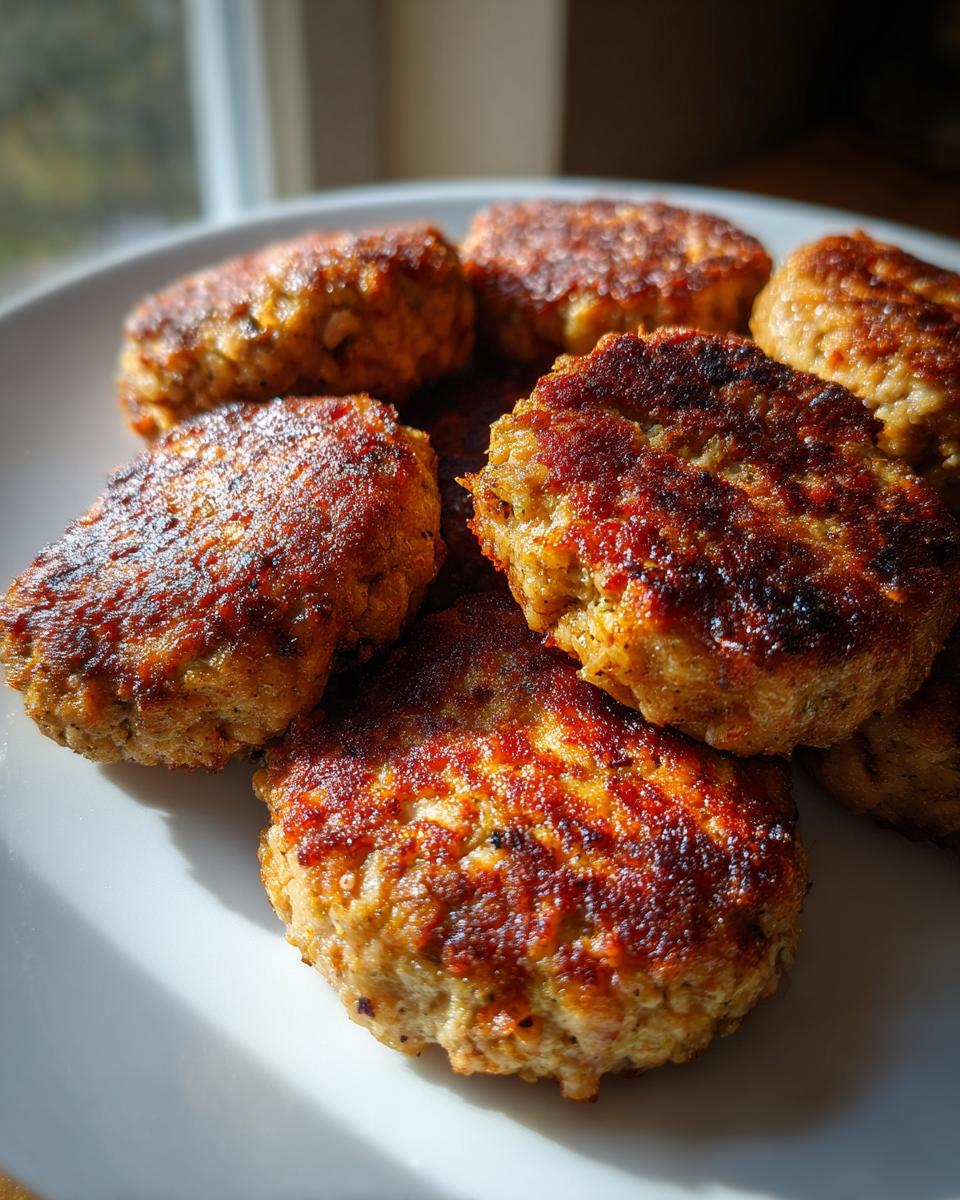 A close-up of several golden-brown, pan-fried tuna patties arranged on a white plate.