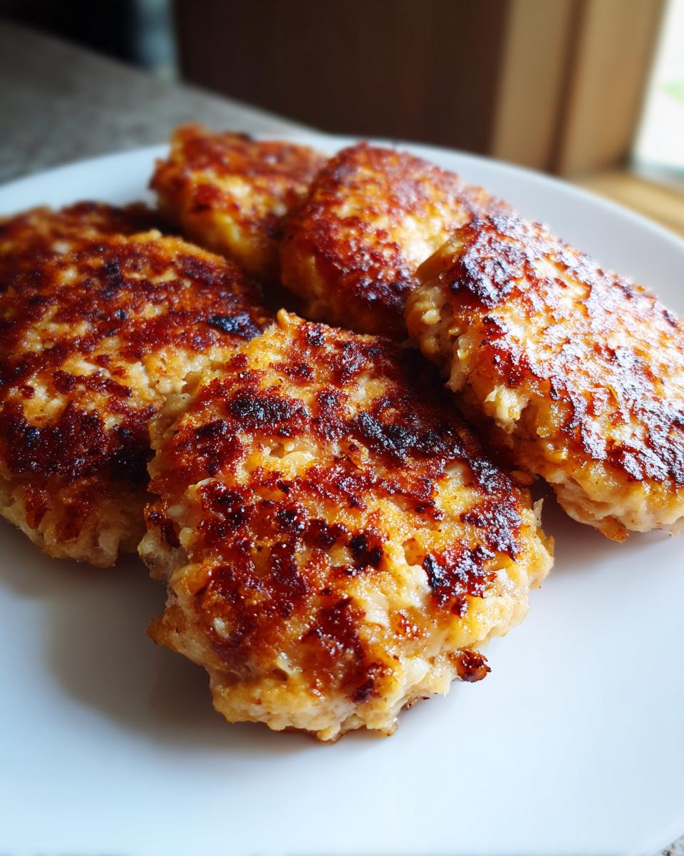 Close-up of golden brown tuna patties on a white plate, showcasing their crispy texture.