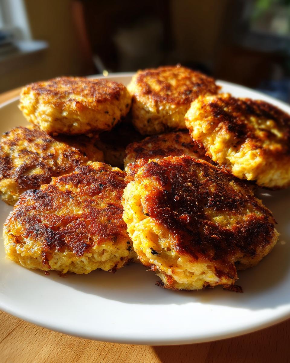 A close-up of several golden brown, pan-fried Tuna Patties arranged on a white plate.