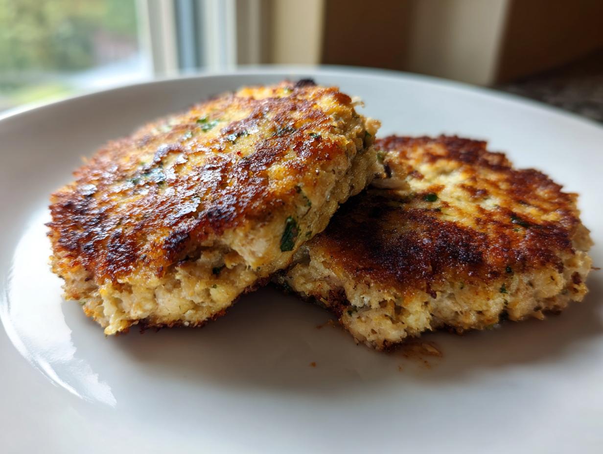 Two perfectly cooked Tuna Patties, golden brown and slightly crispy, served on a white plate.