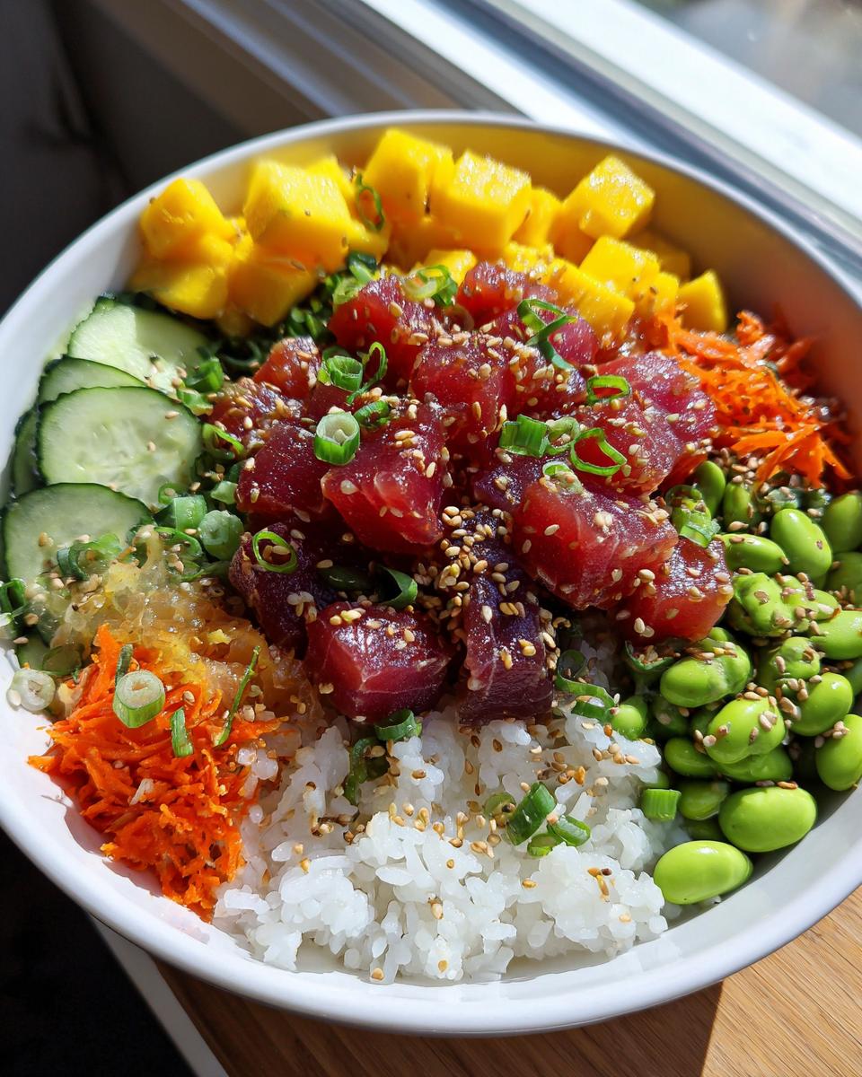 A vibrant Tuna Poke Bowl filled with fresh tuna cubes, mango, cucumber, edamame, shredded carrots, and rice, topped with sesame seeds and green onions.
