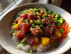 A vibrant Tuna Poke Bowl featuring fresh tuna cubes, mango, edamame, shredded carrots, and cucumber over rice, topped with sesame seeds and green onions.