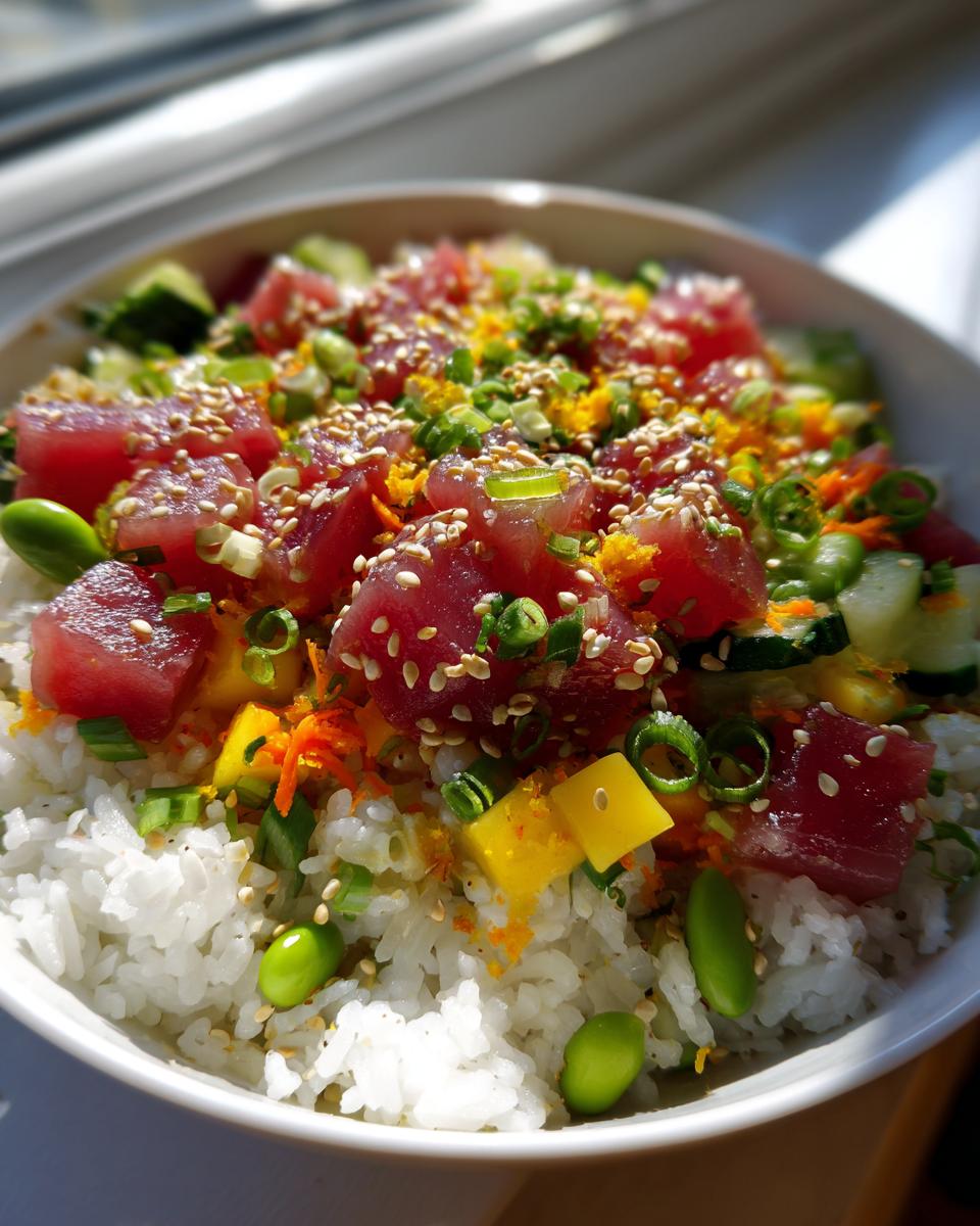 A close-up of a vibrant Tuna Poke Bowl, featuring fresh tuna cubes, rice, edamame, cucumber, and sesame seeds.