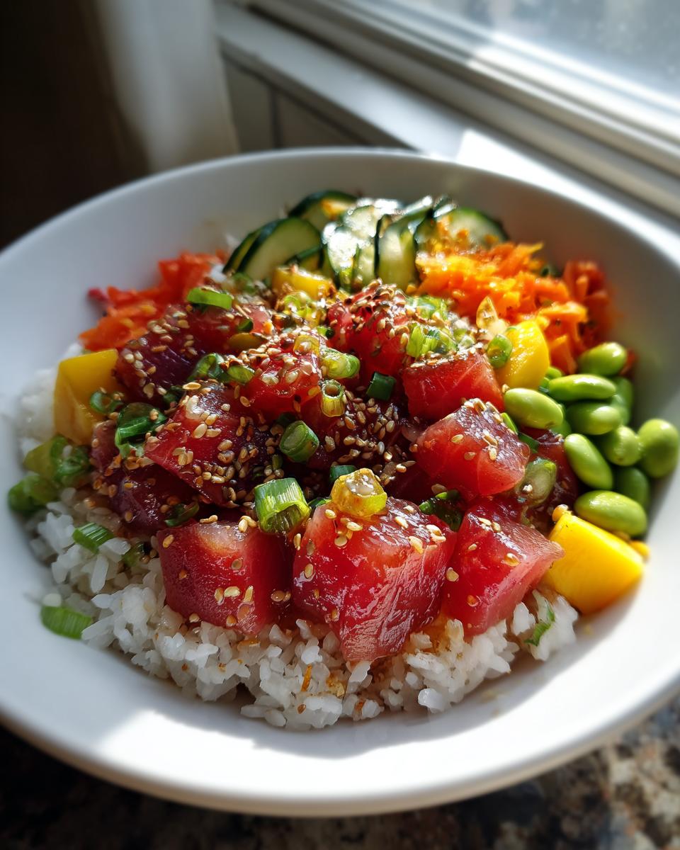 A vibrant Tuna Poke Bowl featuring fresh tuna cubes, rice, edamame, cucumber, shredded carrots, and mango, topped with sesame seeds and green onions.
