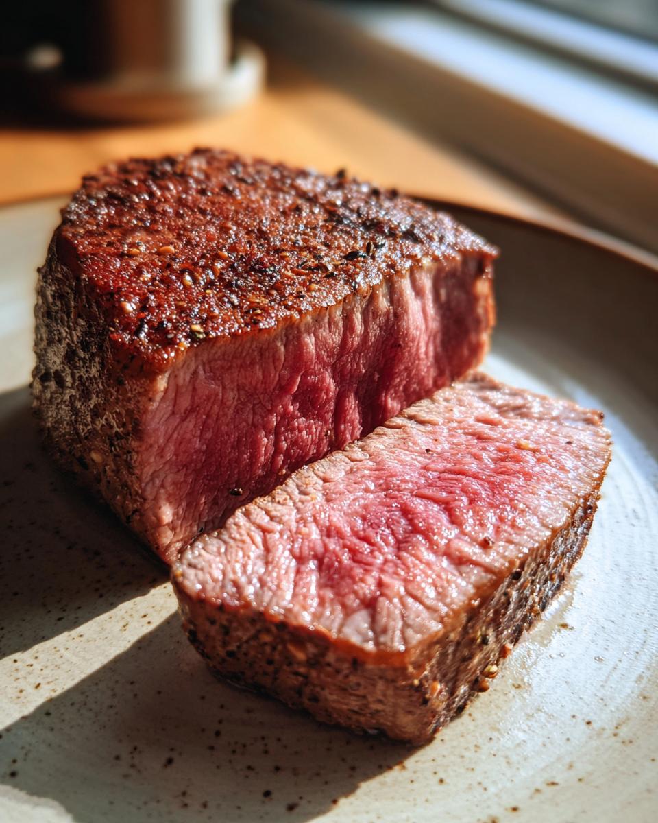 A perfectly cooked tuna steak, sliced to reveal a vibrant pink interior, coated in a flavorful marinade.
