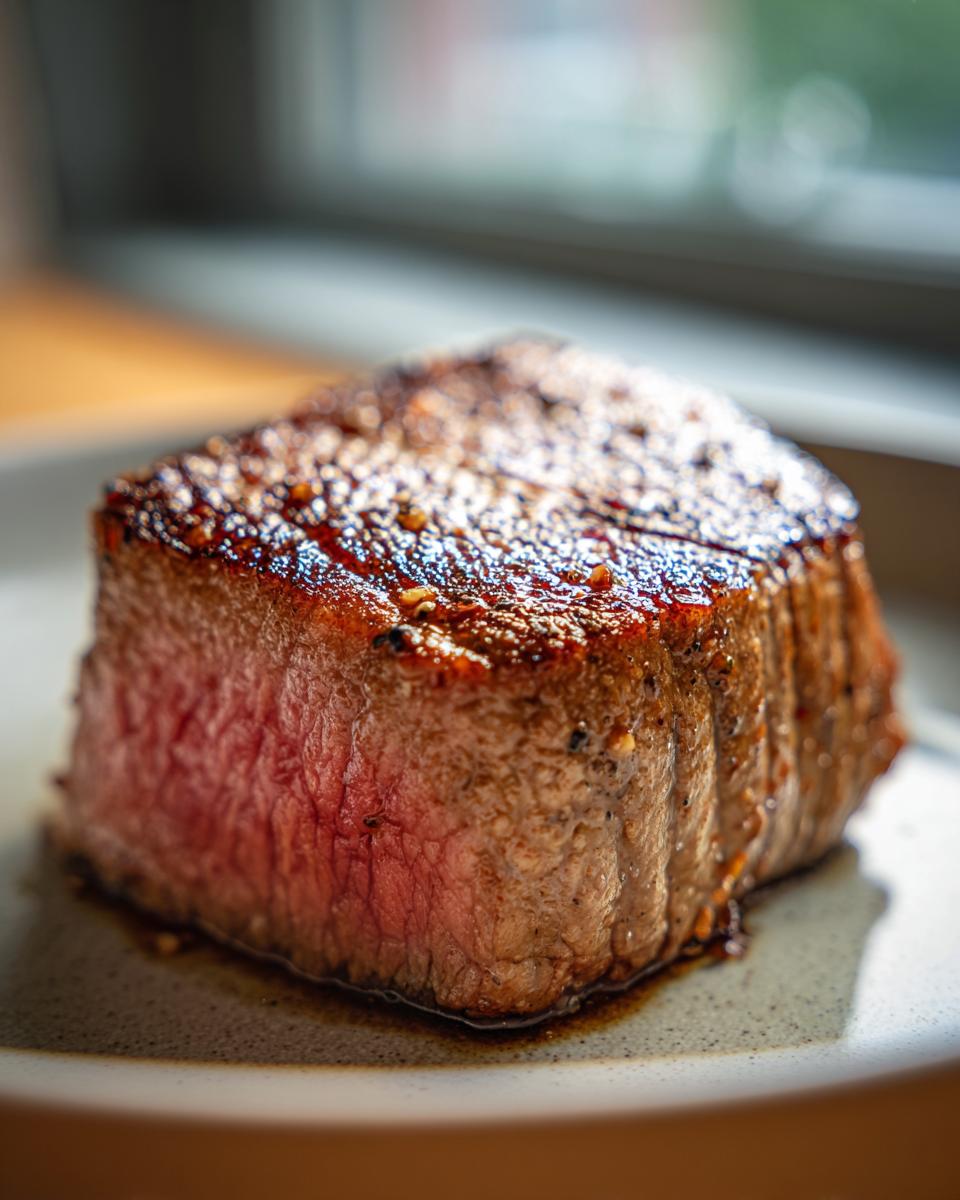 A perfectly cooked tuna steak, showcasing a beautiful sear and pink center, prepared with a flavorful marinade.