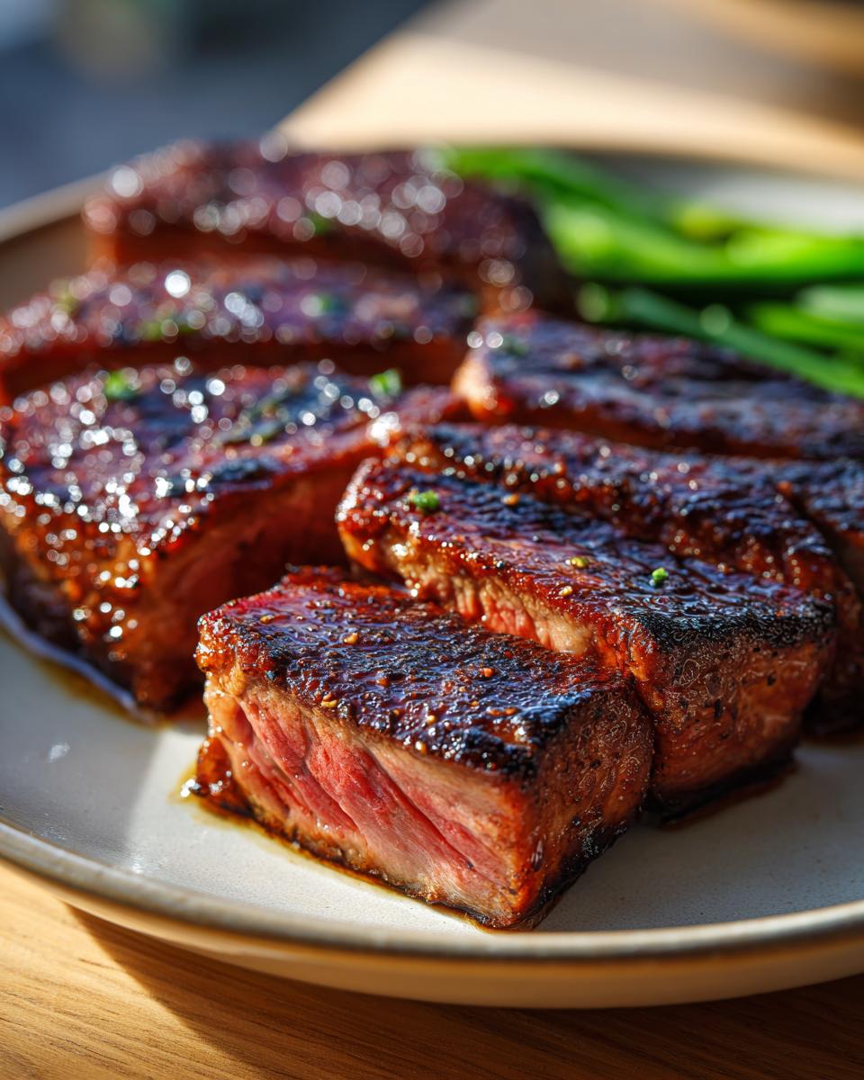 Close-up of sliced tuna steak, glistening with a rich marinade and served with green beans.