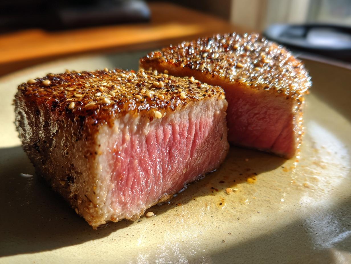 Close-up of two perfectly cooked tuna steak pieces, coated in a sesame seed crust, showing a vibrant pink interior.