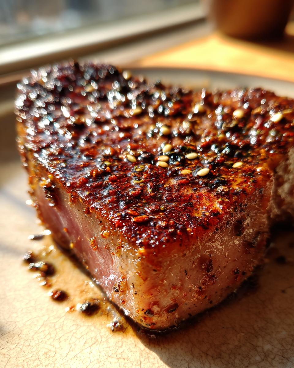 Close-up of a perfectly seared tuna steak, coated in spices and sesame seeds, resting on a plate.