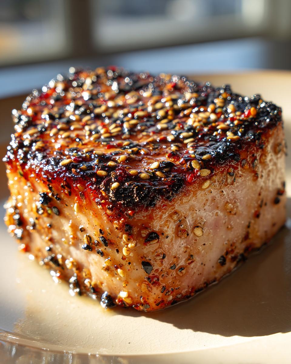 A close-up of a thick, seared tuna steak coated in sesame seeds and spices, ready to be served.