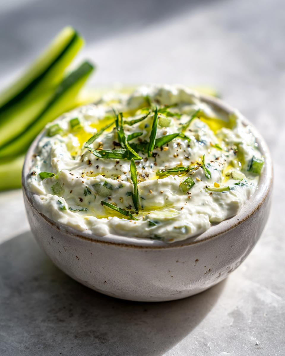 A close-up of creamy Tzatziki sauce in a bowl, topped with olive oil, herbs, and cucumber pieces. Cucumber sticks are visible in the background.