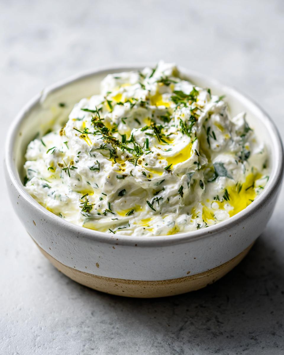 A bowl of creamy, fresh Tzatziki sauce with fresh dill and a drizzle of olive oil.
