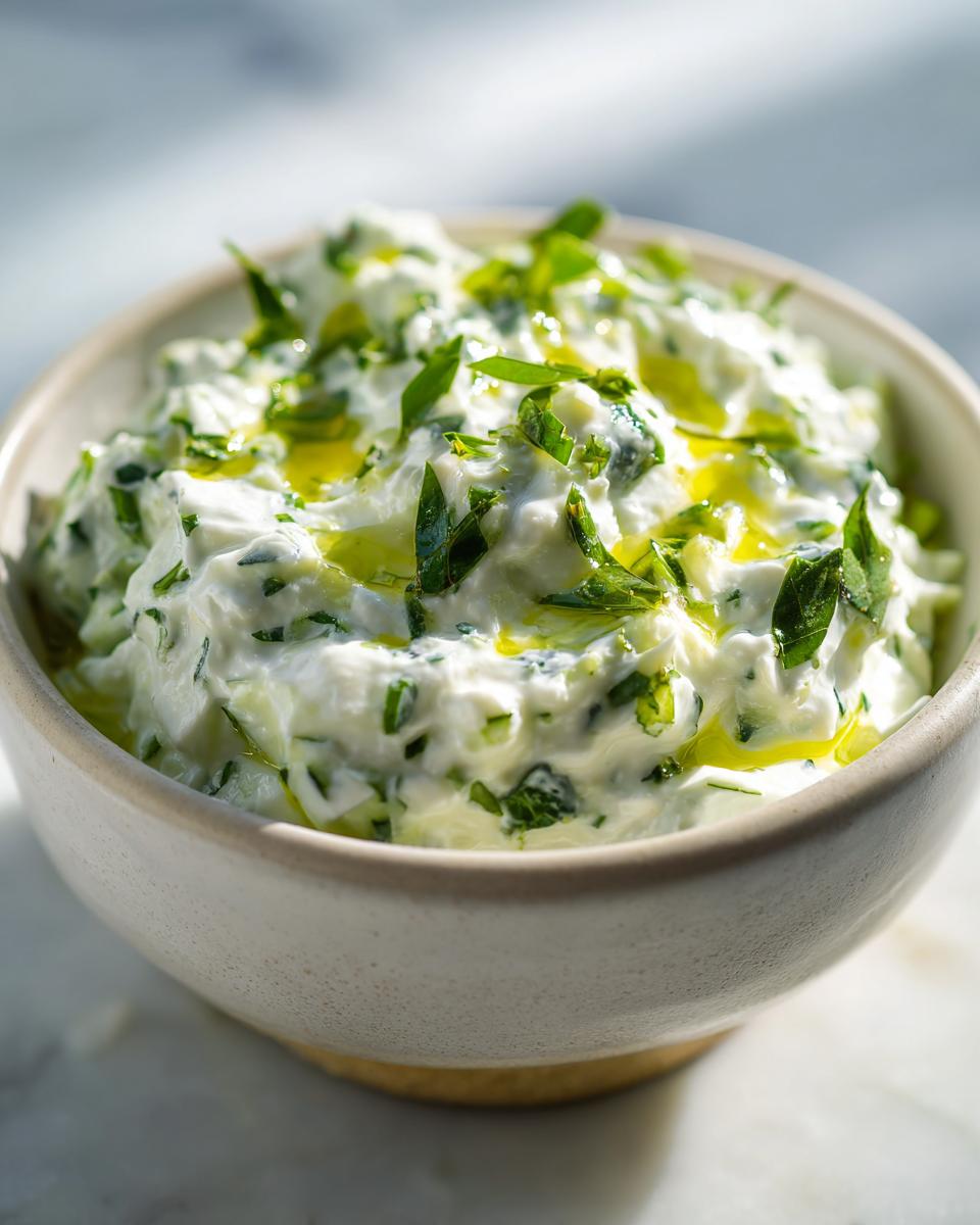 A close-up of a bowl filled with creamy Tzatziki sauce, topped with fresh herbs and a drizzle of olive oil.