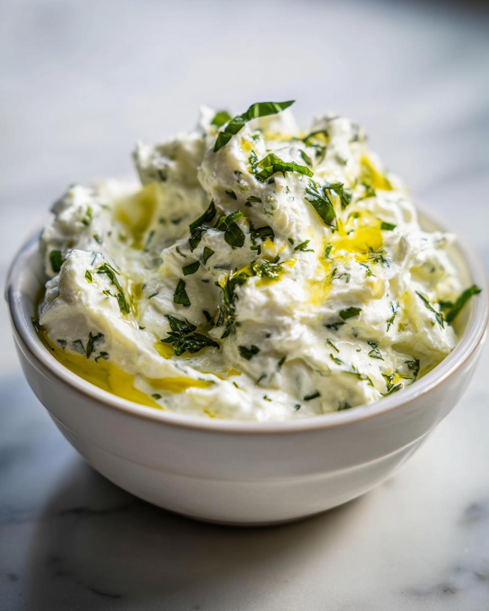 A close-up shot of a white bowl filled with creamy Tzatziki sauce, garnished with fresh herbs and drizzled with olive oil.